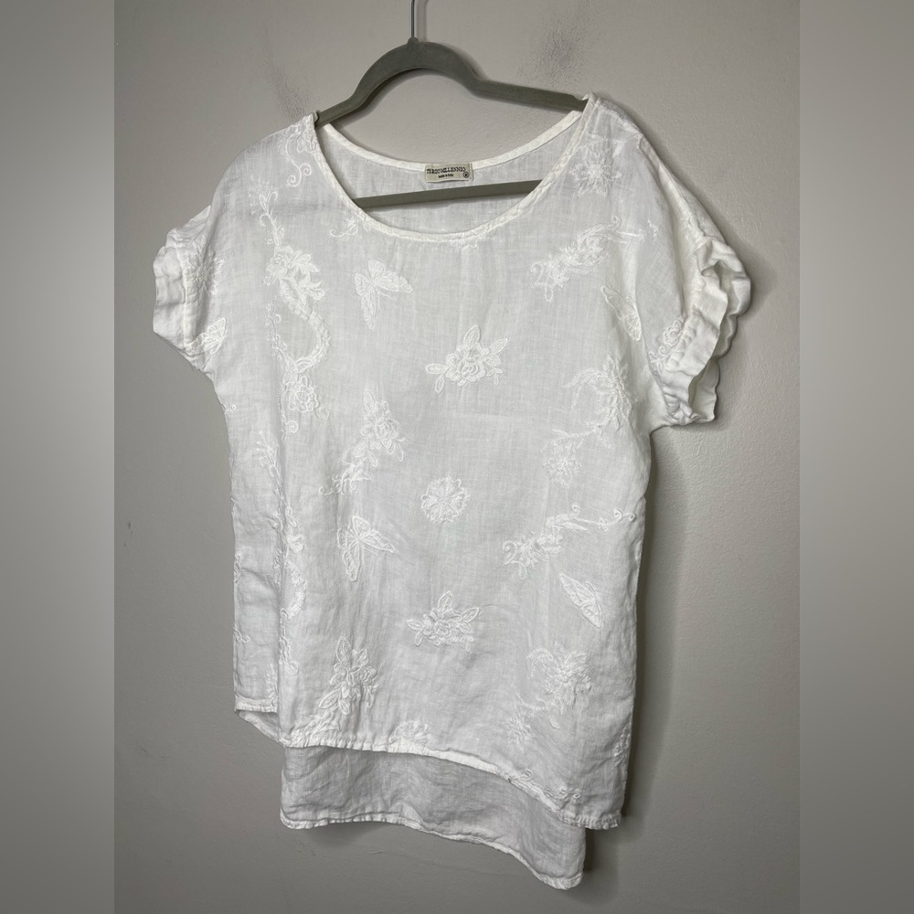 Terzo Millennio 100% Linen Floral Butterfly Embroidered Short Sleeve Top Medium - Picture 2 of 8